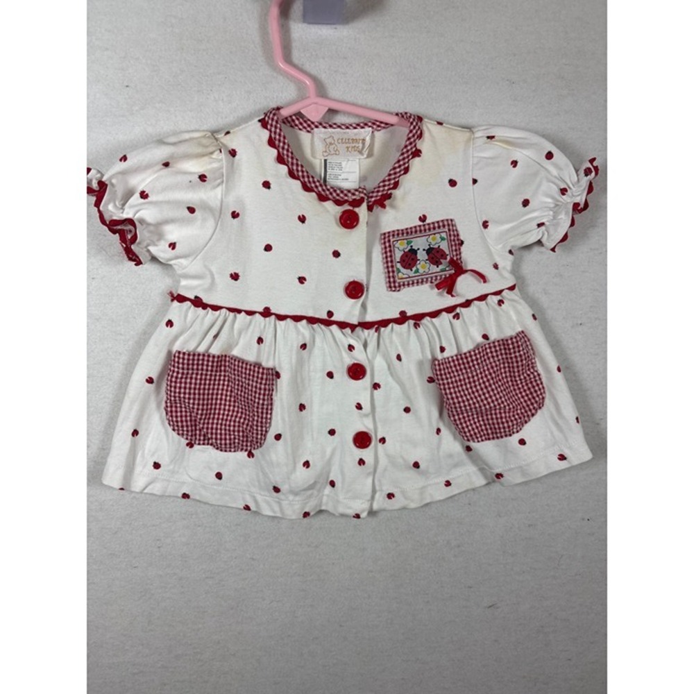 Celebrity Kids Ladybug Top Baby Girls 12M White Red Good Gingham Ric-Rac Trim